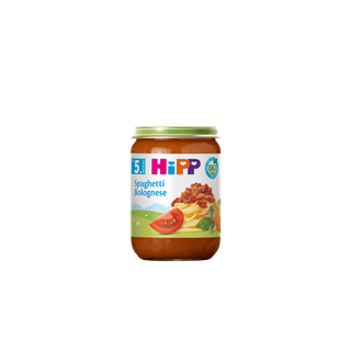HiPP Bio Babygläschen Spaghetti Bolognese 190g ab dem 5. Monat, Glas mit Etikett und Tomaten-Spaghetti-Abbildung