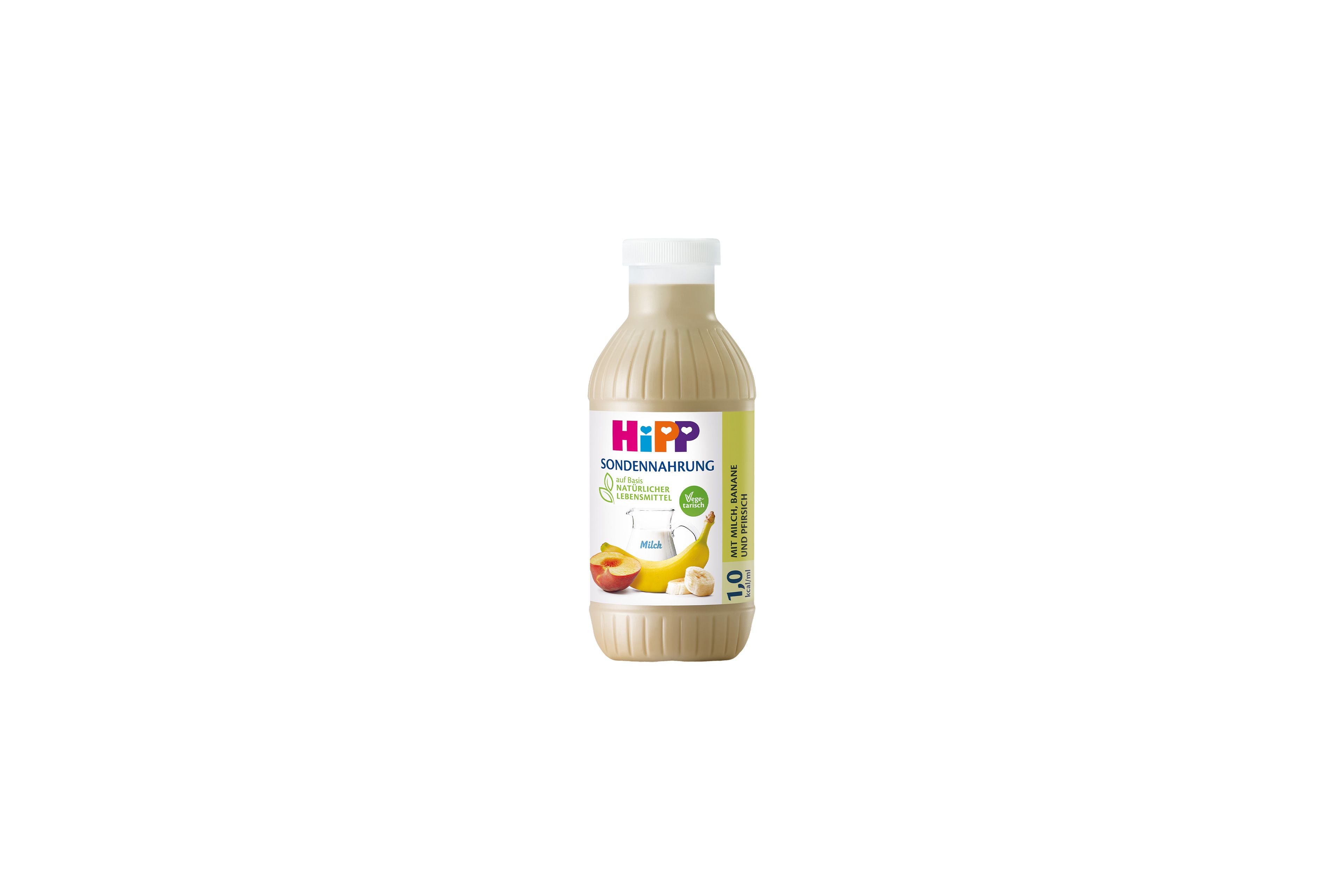 HiPP Sondennahrung 1,0 kcal/ml in Flasche mit Milch-, Bananen- und Pfirsichmotiv auf weißem Hintergrund