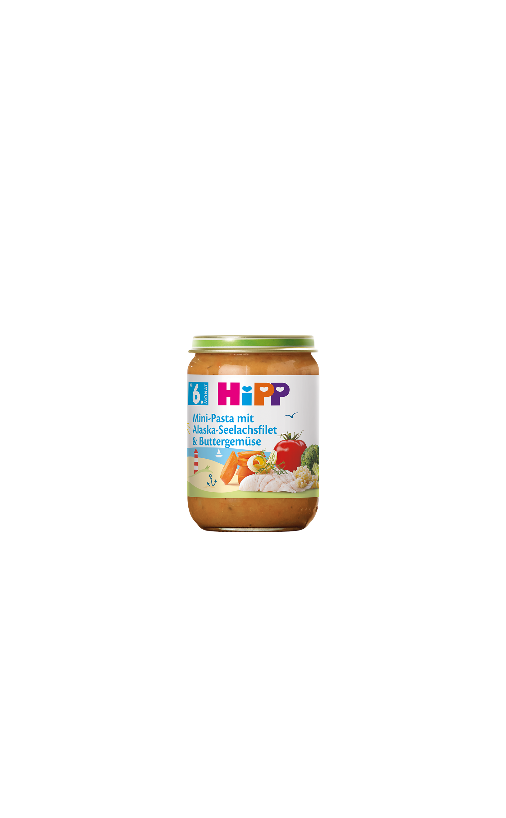 HiPP Mini-Pasta mit Alaska-Seelachsfilet & Buttergemüse im Glas, Bio-Menü ab dem 6. Monat mit Gemüse-Illustrationen auf dem Etikett