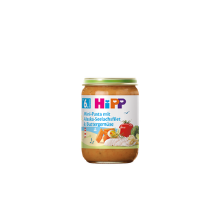 HiPP Mini-Pasta mit Alaska-Seelachsfilet & Buttergemüse im Glas, Bio-Menü ab dem 6. Monat mit Gemüse-Illustrationen auf dem Etikett
