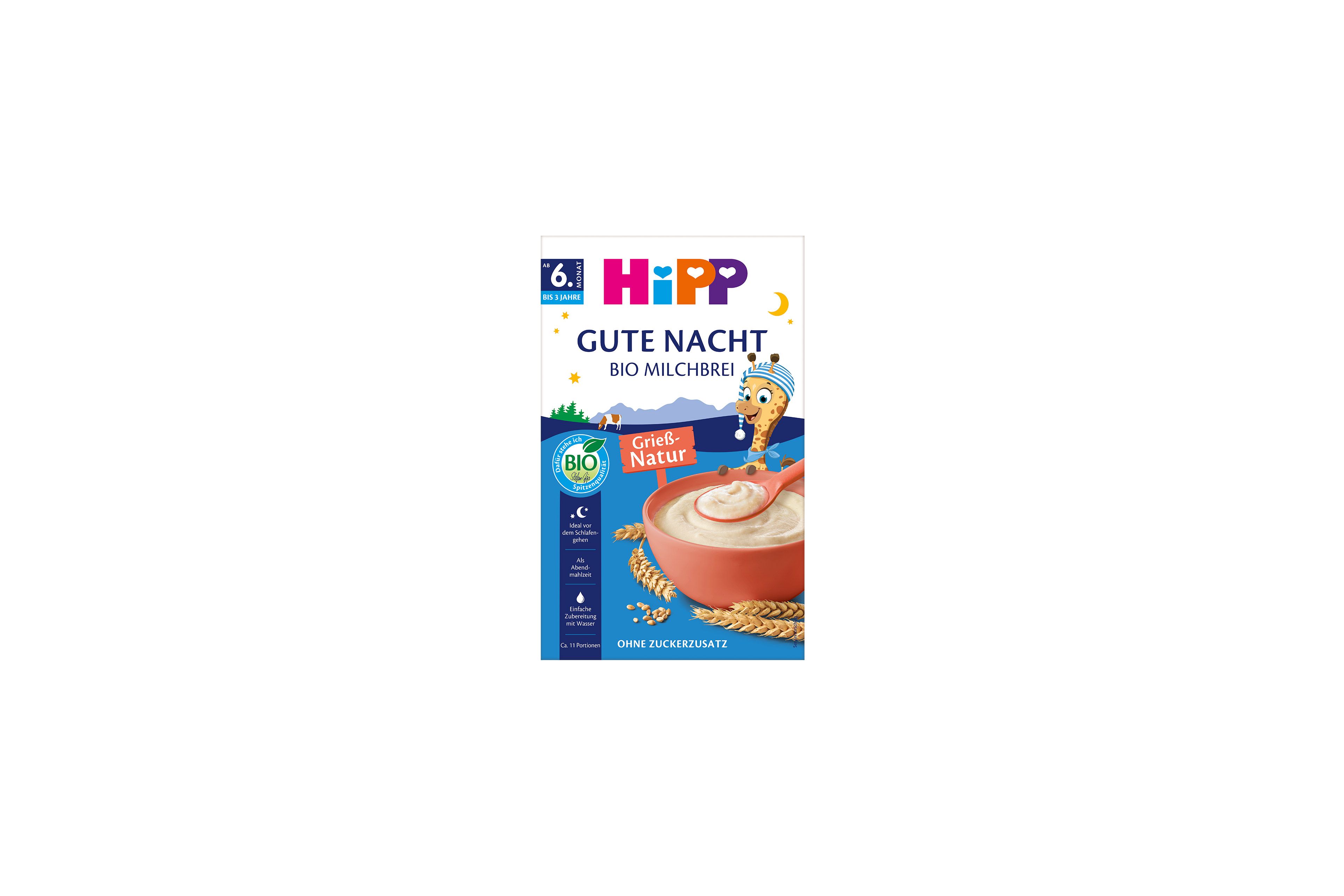 HiPP Gute Nacht Bio Milchbrei Grieß-Natur Packung mit Schüssel Milchbrei, ab 6. Monat, ohne Zuckerzusatz
