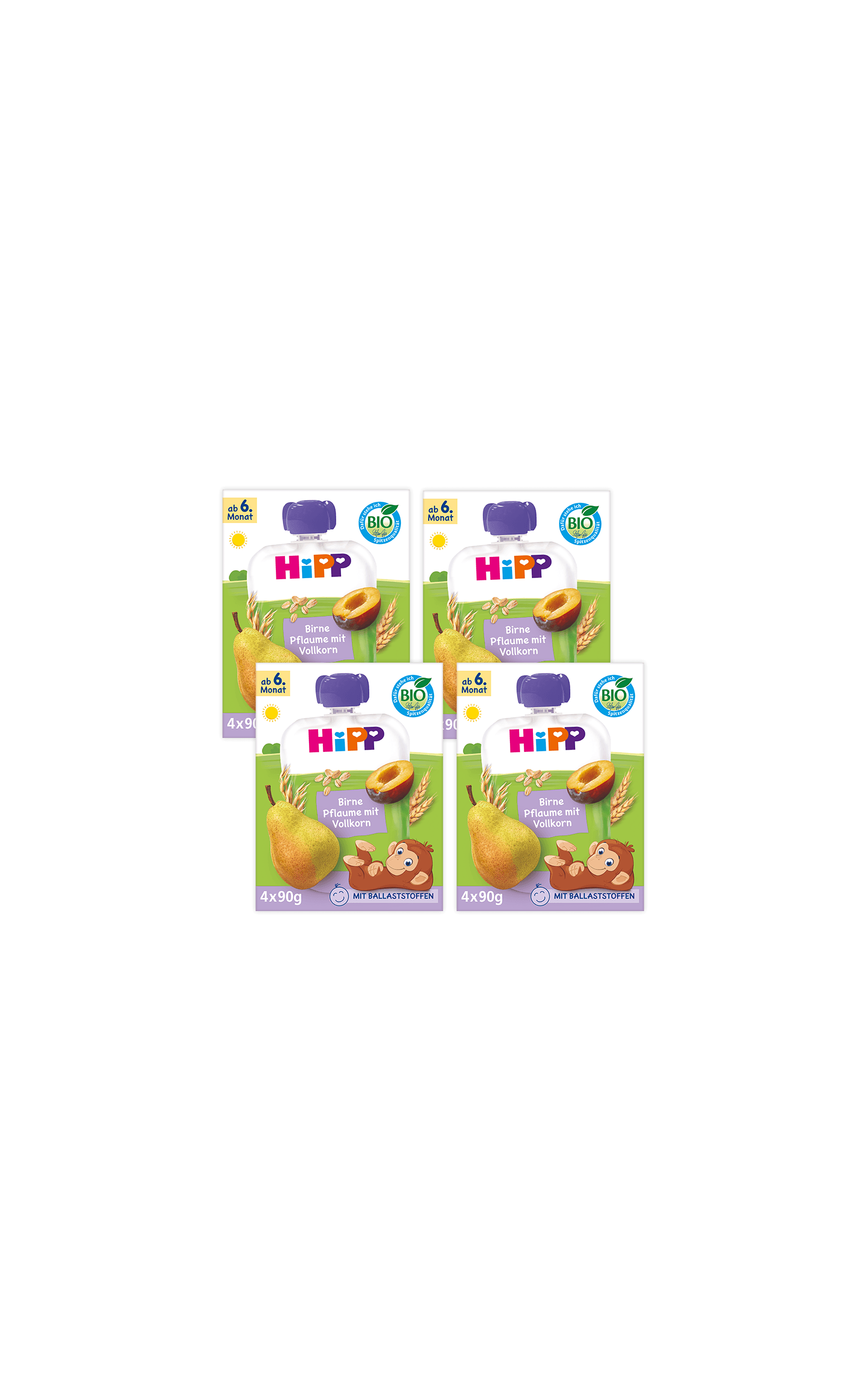 Vier HiPP Bio Quetschbeutel Birne-Pflaume mit Vollkorn, 4×90g Packungen ab dem 6. Monat
