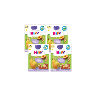 Vier HiPP Bio Quetschbeutel Birne-Pflaume mit Vollkorn, 4×90g Packungen ab dem 6. Monat