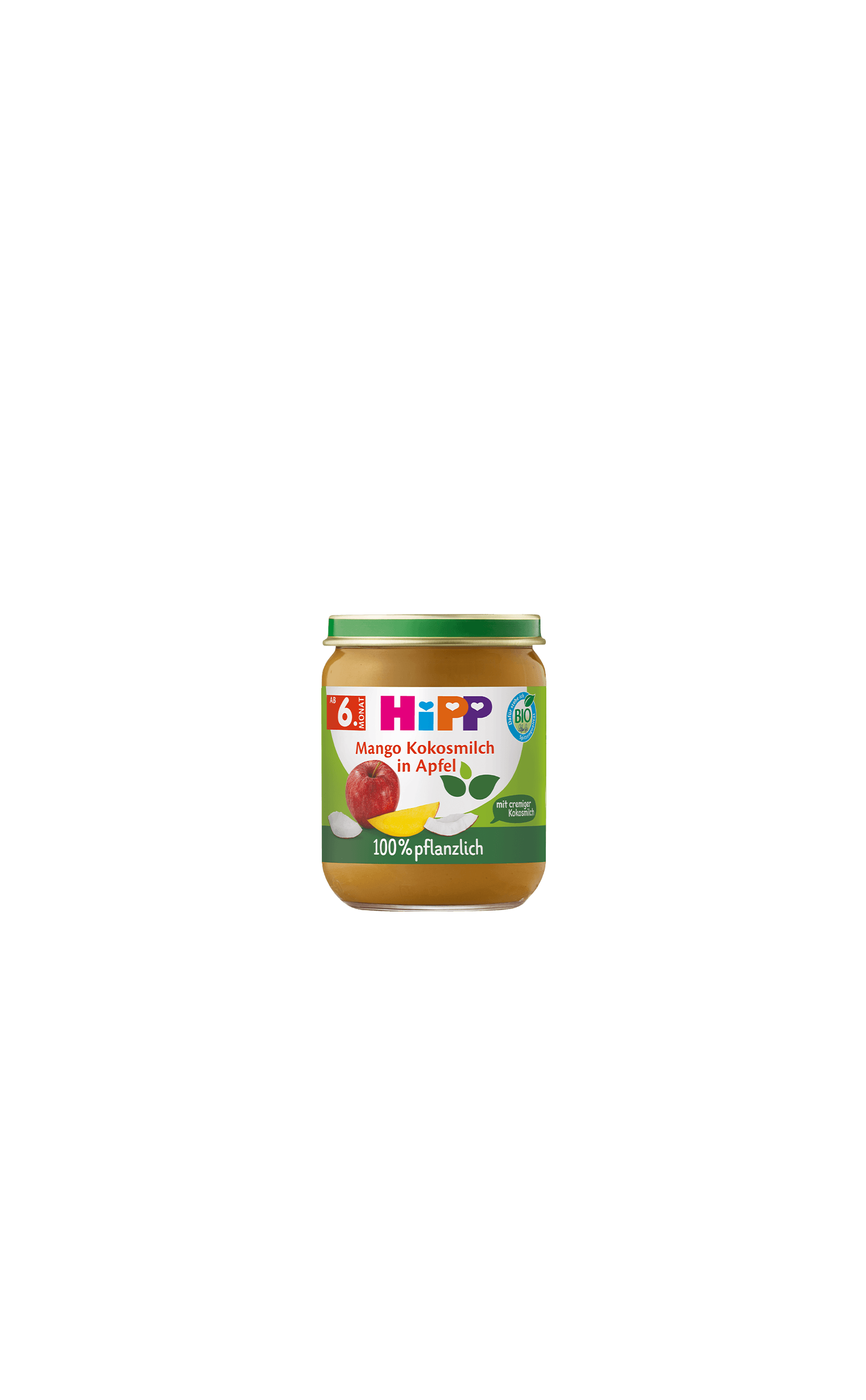 HiPP Bio Babygläschen Mango Kokosmilch in Apfel, 100 % pflanzlich, Produktglas vor weißem Hintergrund