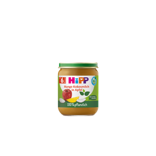 HiPP Bio Babygläschen Mango Kokosmilch in Apfel, 100 % pflanzlich, Produktglas vor weißem Hintergrund