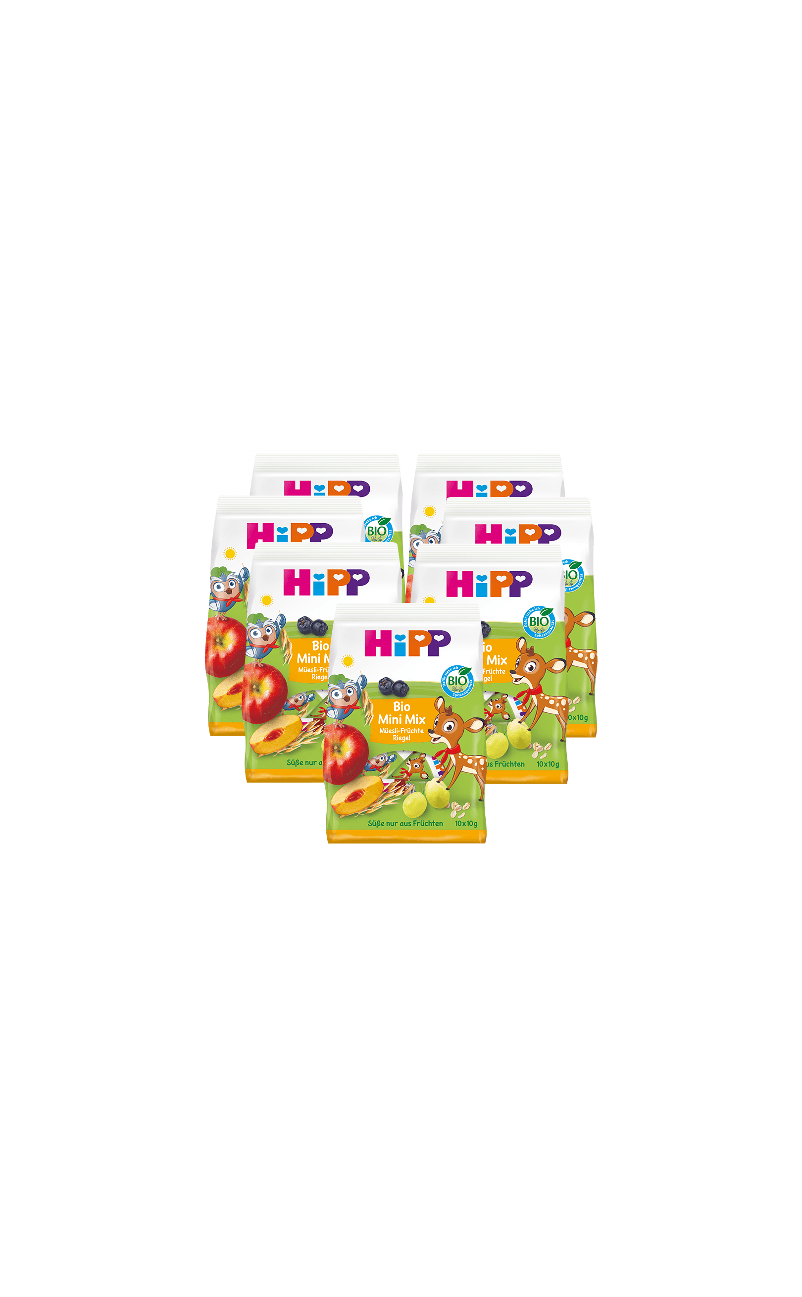 Sieben Packungen HiPP Bio Mini Mix Müsliriegel 7x100g mit fruchtigen Motiven auf weiß-grünem Hintergrund