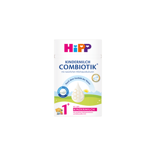 HiPP Kindermilch Combiotik® 1+ Packung mit Wiese, Milch-Tropfen und Bärchen-Illustration auf weiß-blau-grünem Hintergrund