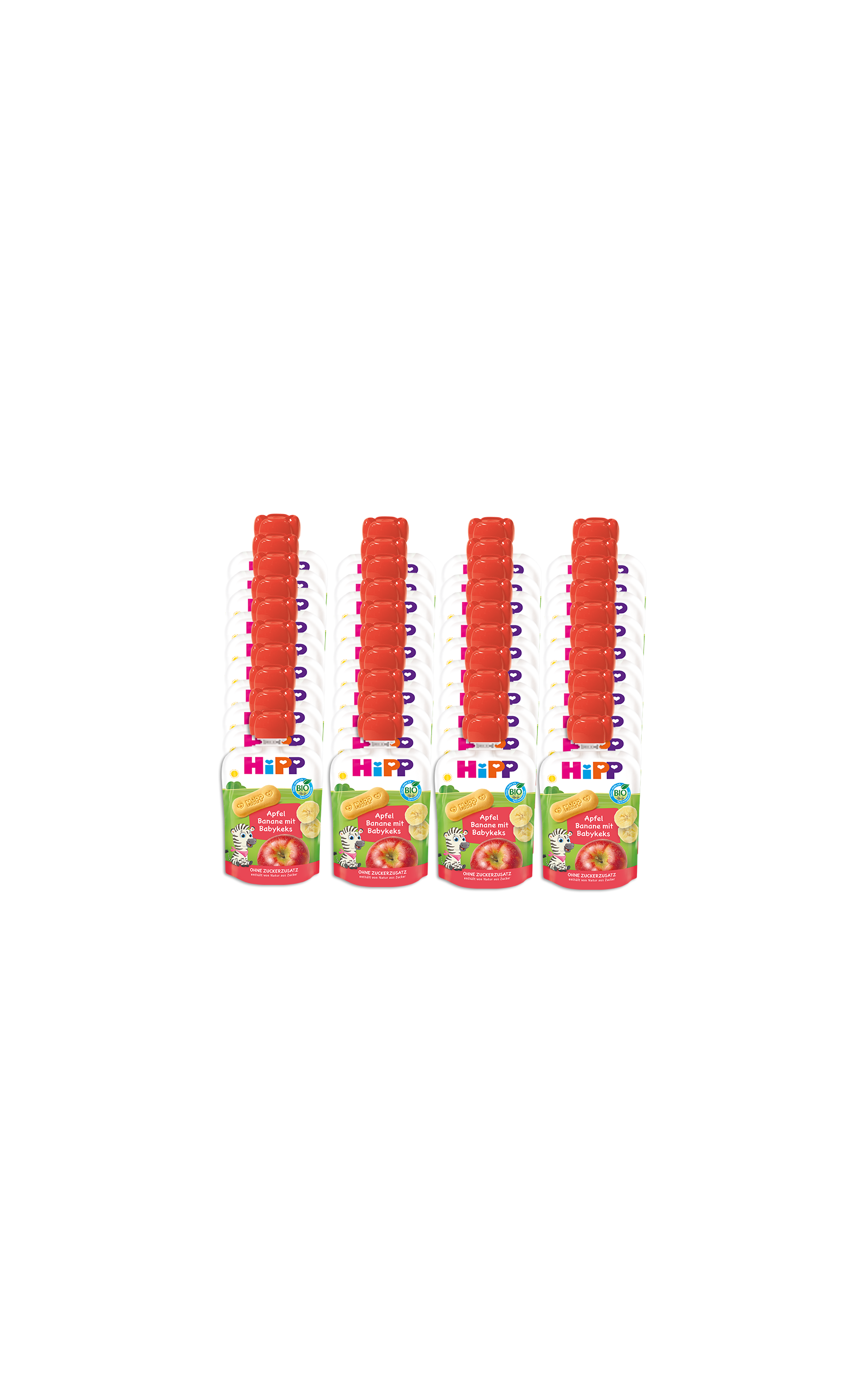 40er-Pack HiPP Bio Quetschbeutel Apfel-Banane-Babykeks, vier Reihen bunter Beutel mit rotem Verschluss auf schwarzem Hintergrund