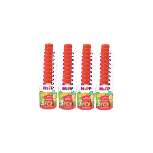 40er-Pack HiPP Bio Quetschbeutel Apfel-Banane-Babykeks, vier Reihen bunter Beutel mit rotem Verschluss auf schwarzem Hintergrund