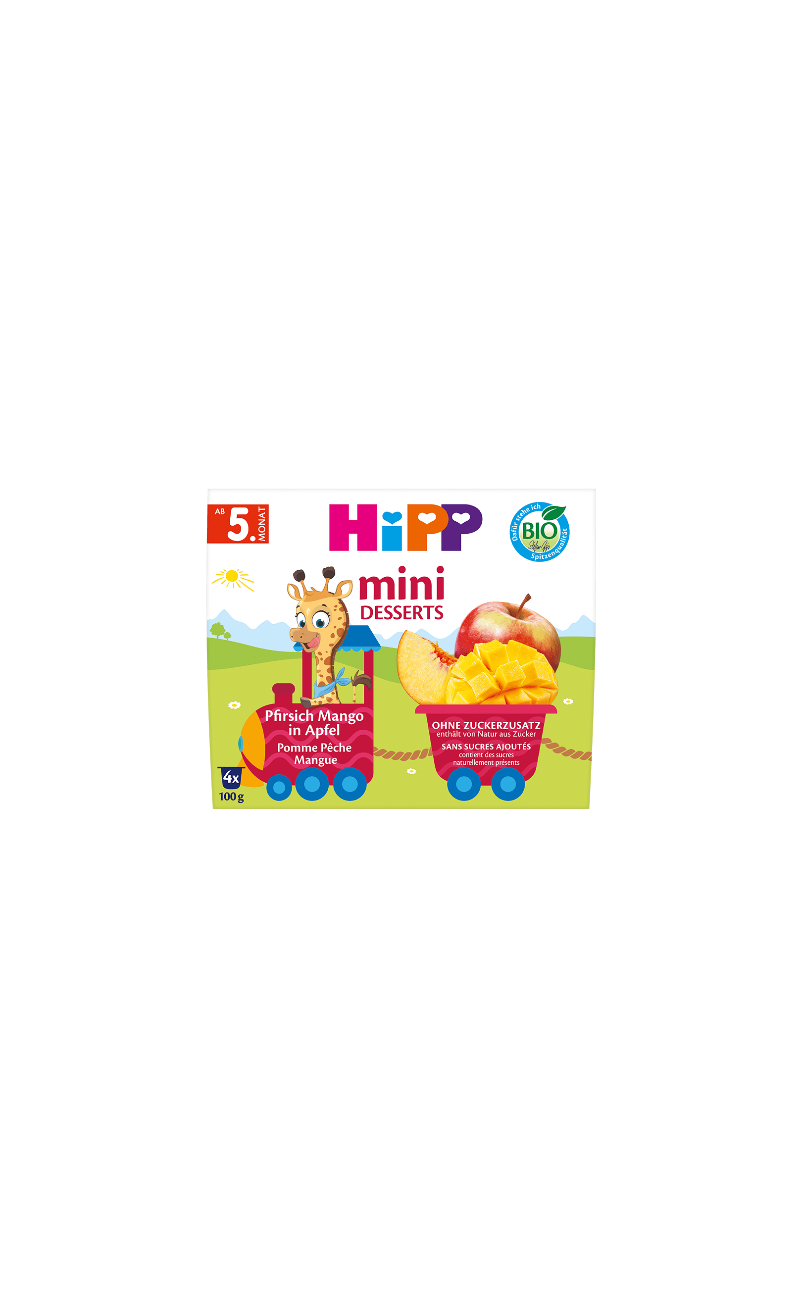 HiPP Mini Desserts Pfirsich Mango in Apfel, Bio-Baby-Dessert ab 5. Monat ohne Zuckerzusatz in bunter Tierzug-Verpackung