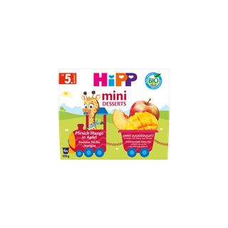 HiPP Mini Desserts Pfirsich Mango in Apfel, Bio-Baby-Dessert ab 5. Monat ohne Zuckerzusatz in bunter Tierzug-Verpackung