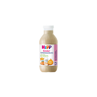 HiPP Kinder Sondennahrung 1,3 kcal/ml Flasche mit Huhn, Kürbis und Süßkartoffel auf weißem Etikett vor schwarzem Hintergrund