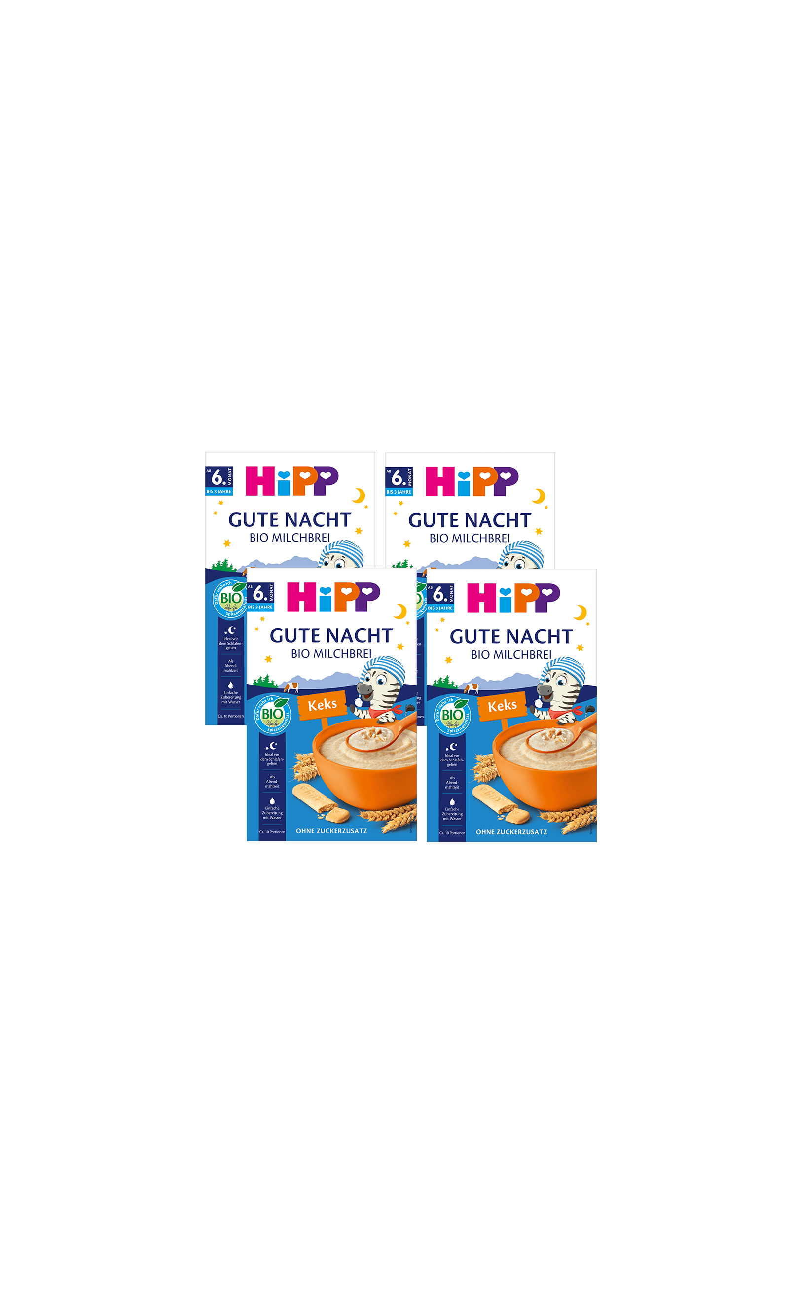 Viererpack HiPP Gute Nacht Bio Milchbrei Keks ab 6 Monaten, Packungen mit Schüssel Brei und Keks auf blauem Hintergrund