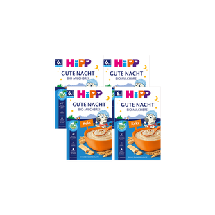 Viererpack HiPP Gute Nacht Bio Milchbrei Keks ab 6 Monaten, Packungen mit Schüssel Brei und Keks auf blauem Hintergrund