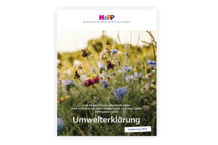 Eine ruhige Naturlandschaft bei Sonnenuntergang mit hohen Gräsern und Wildblumen, begleitet von einem Banner mit der Aufschrift Umwelterklärung