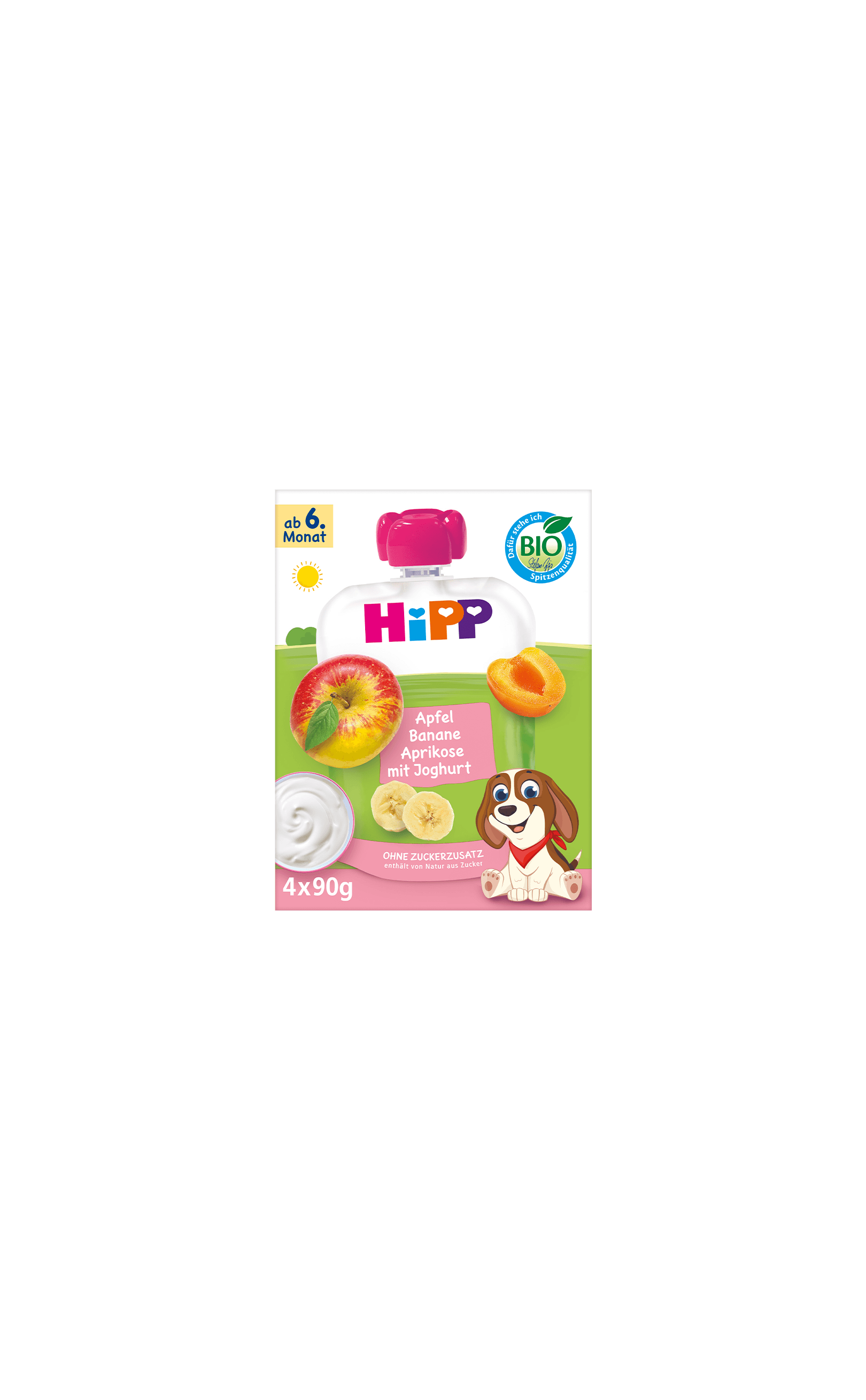 HiPP Bio-Quetschie Apfel Banane Aprikose mit Joghurt, ab 6. Monat, 4x90g, ohne Zuckerzusatz in bunter Kinderverpackung