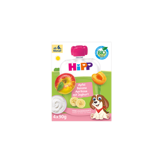 HiPP Bio-Quetschie Apfel Banane Aprikose mit Joghurt, ab 6. Monat, 4x90g, ohne Zuckerzusatz in bunter Kinderverpackung