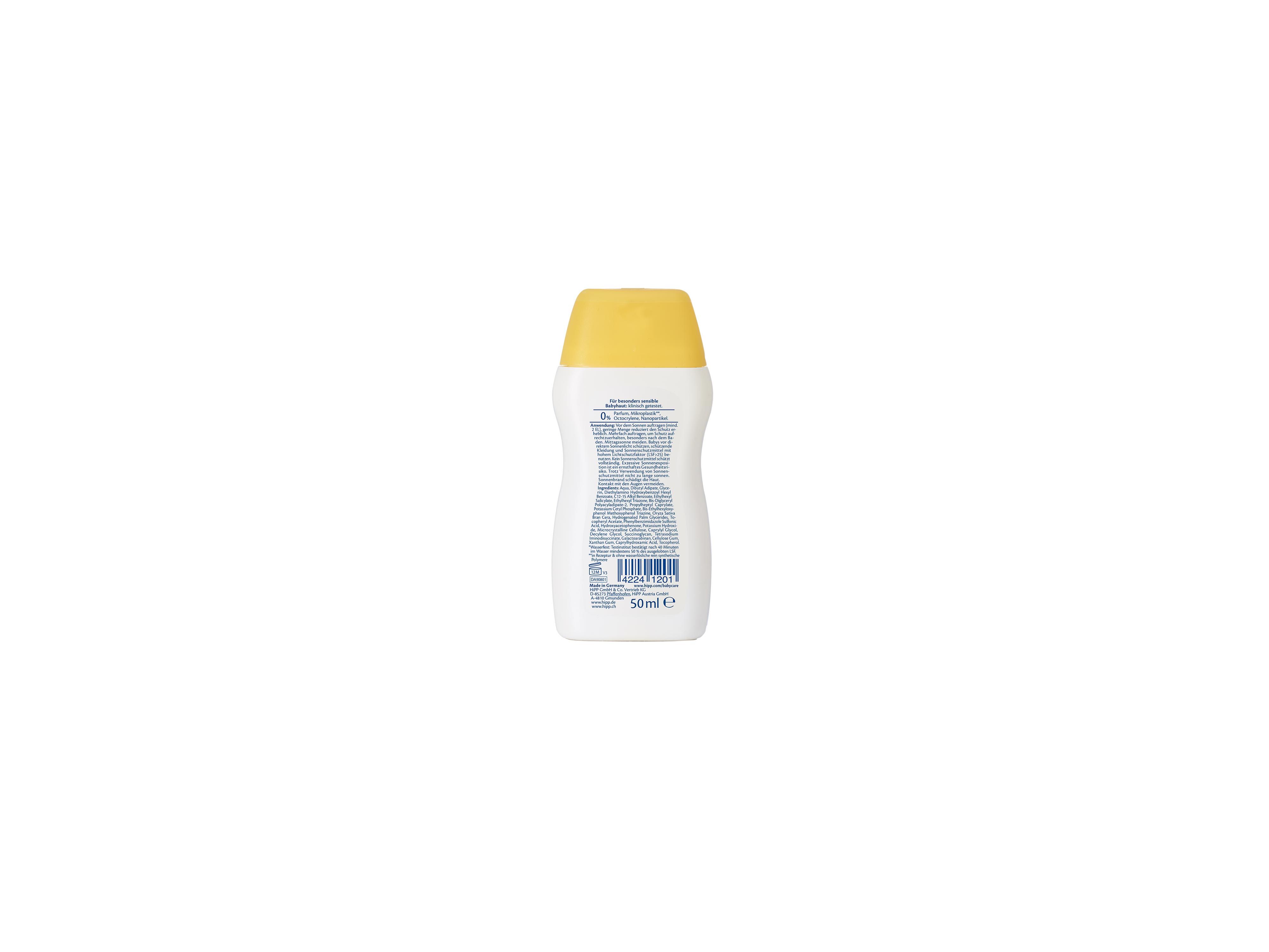 Rückseite einer weißen Plastikflasche mit gelbem Verschluss und kleinem Textblock