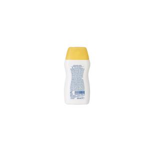 Rückseite einer weißen Plastikflasche mit gelbem Verschluss und kleinem Textblock