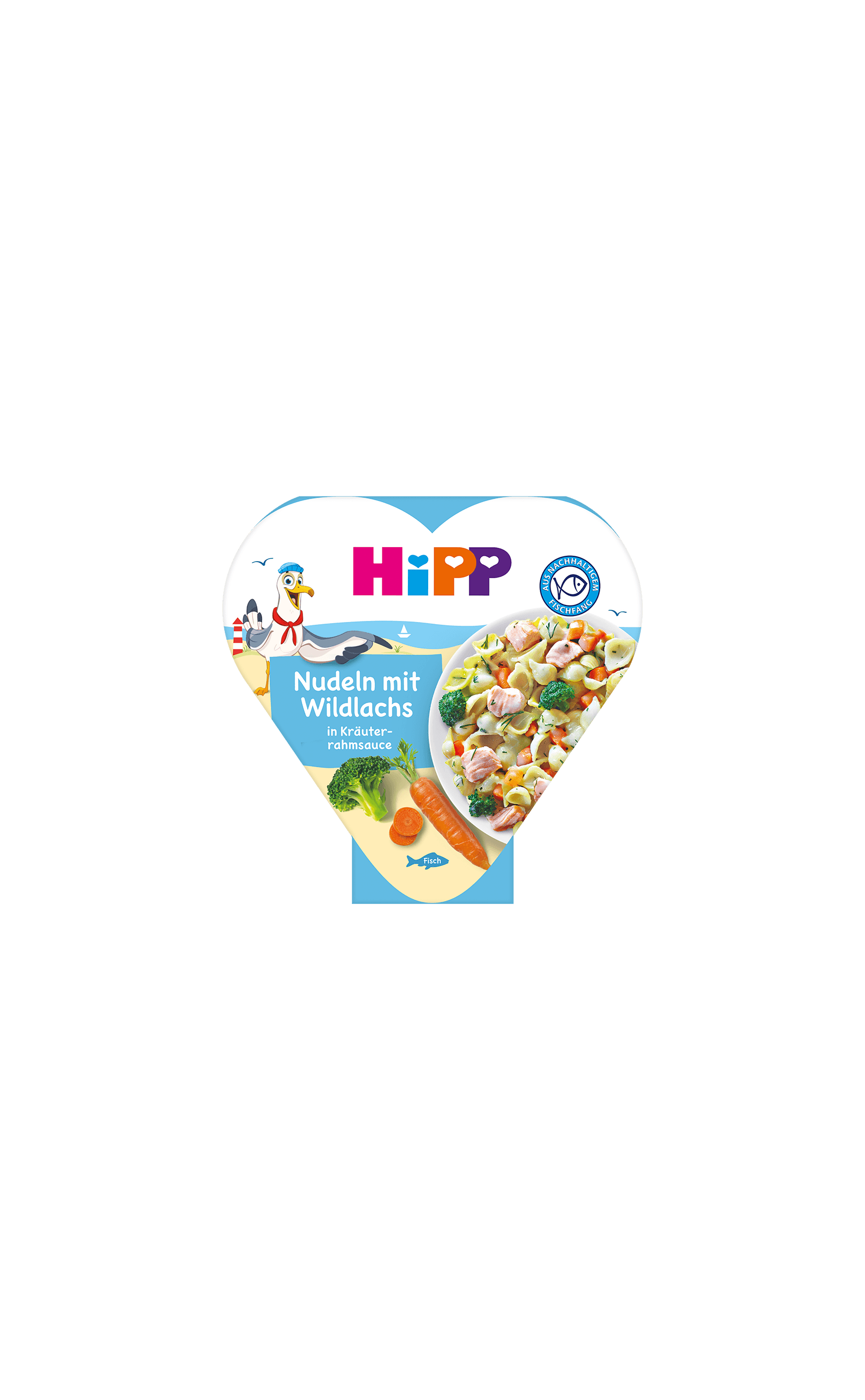 HiPP Herzchen-Schale Nudeln mit Wildlachs in Kräuterrahmsauce, bebildert mit Pasta, Lachs, Gemüse und maritimem Motiv auf der Verpackung