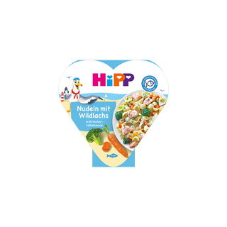 HiPP Herzchen-Schale Nudeln mit Wildlachs in Kräuterrahmsauce, bebildert mit Pasta, Lachs, Gemüse und maritimem Motiv auf der Verpackung
