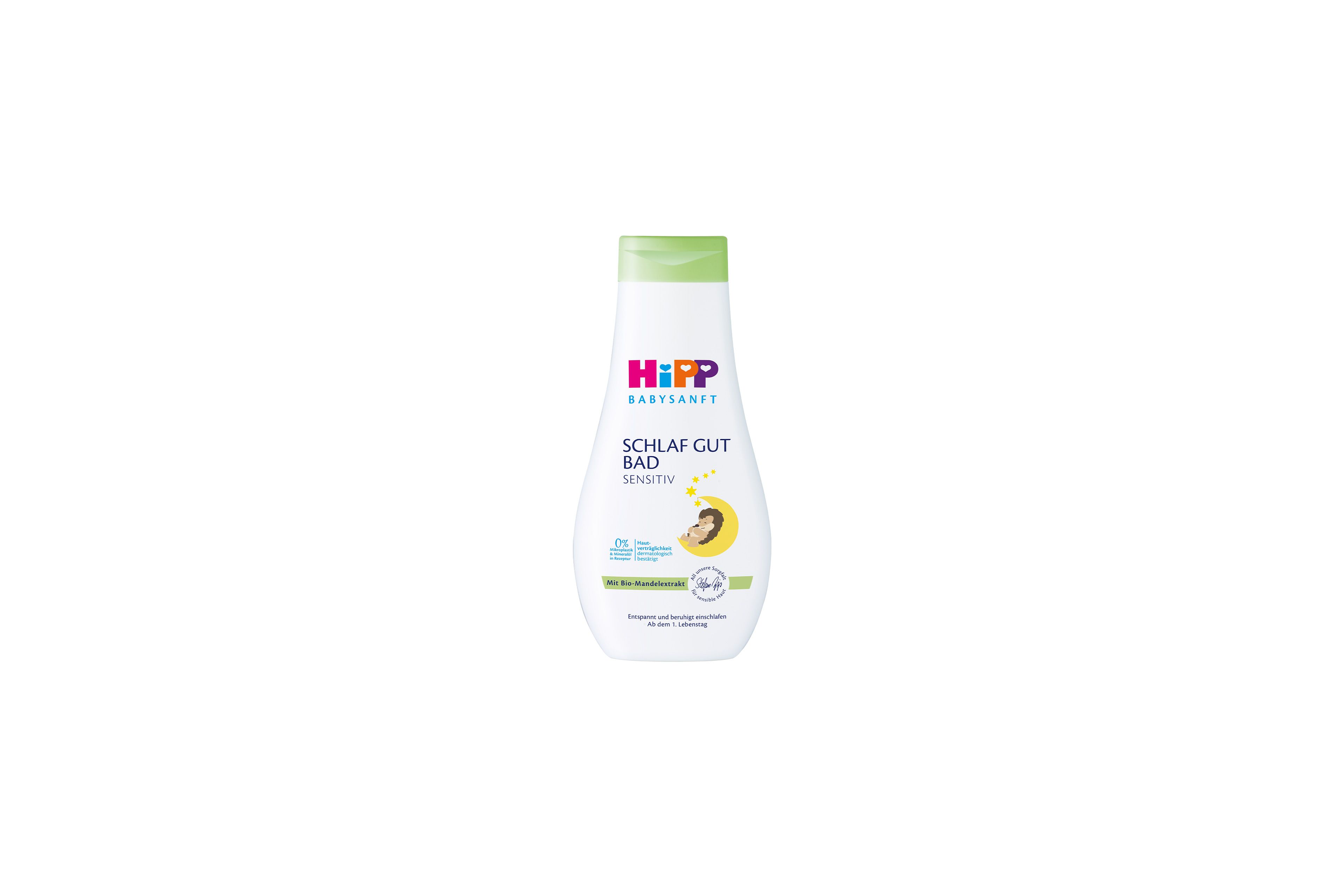 HiPP Babysanft Schlaf Gut Bad Sensitiv Flasche mit grünem Deckel auf schwarzem Hintergrund, beruhigendes Babybad