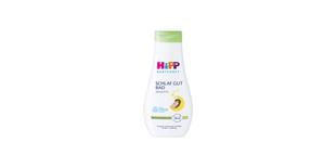 HiPP Babysanft Schlaf Gut Bad Sensitiv Flasche mit grünem Deckel auf schwarzem Hintergrund, beruhigendes Babybad