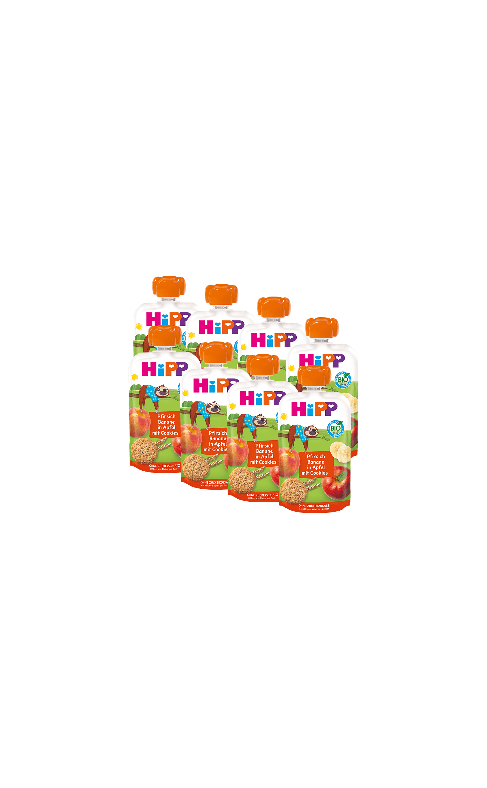 8er-Pack HiPP Bio-Quetschbeutel Pfirsich Banane in Apfel mit Cookies, 8x100g, mit orangefarbenen Verschlüssen