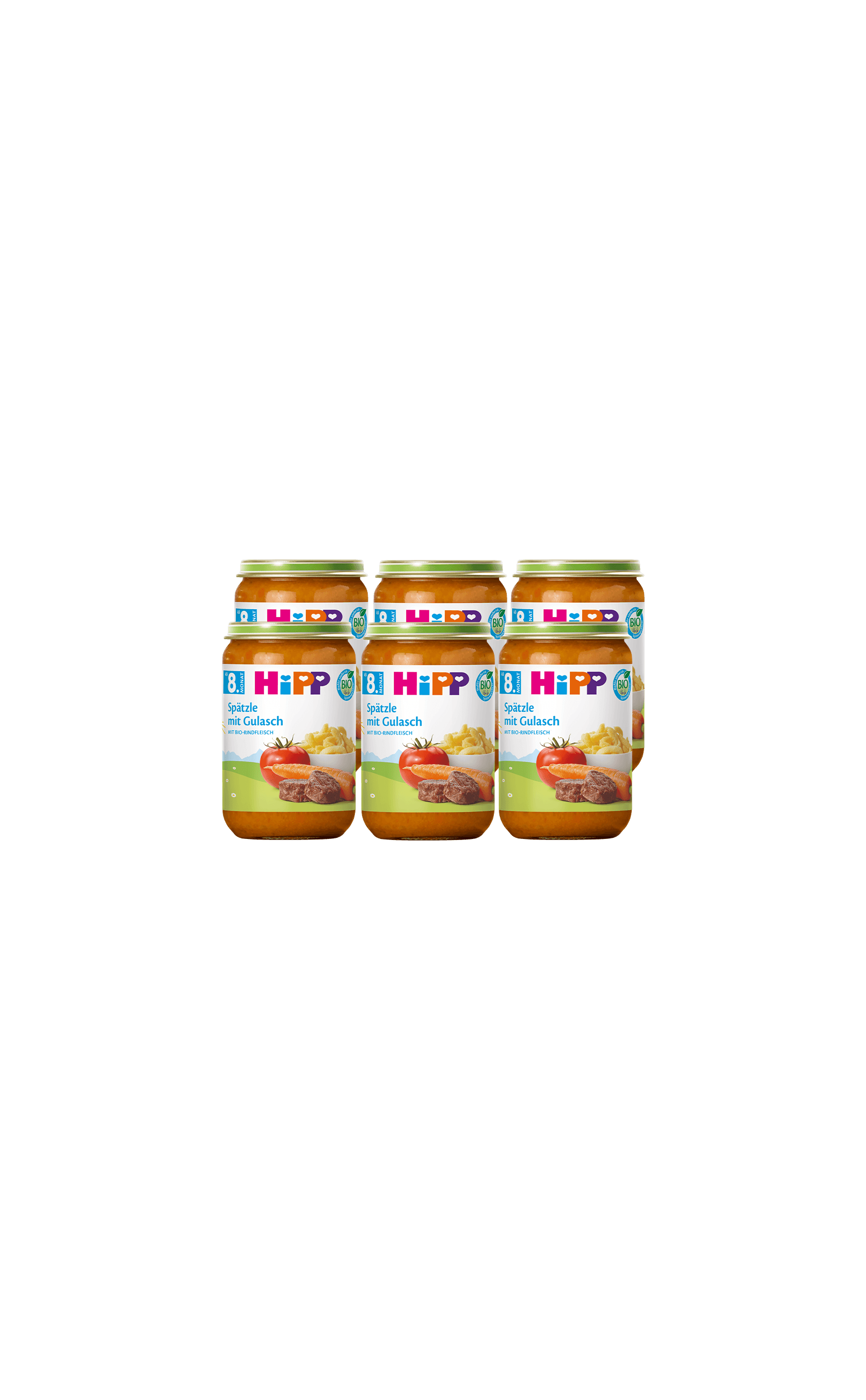 6er-Pack HiPP Bio-Gläschen Spätzle mit Gulasch, ab 8. Monat, 6x220g