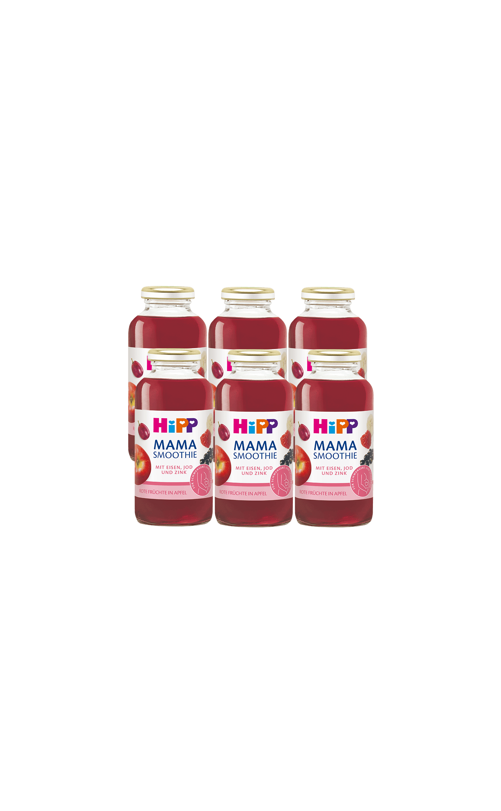 Sechserpack HiPP Mama Smoothie Rote Früchte in Apfel in 200-ml-Glasflaschen für werdende und stillende Mamas