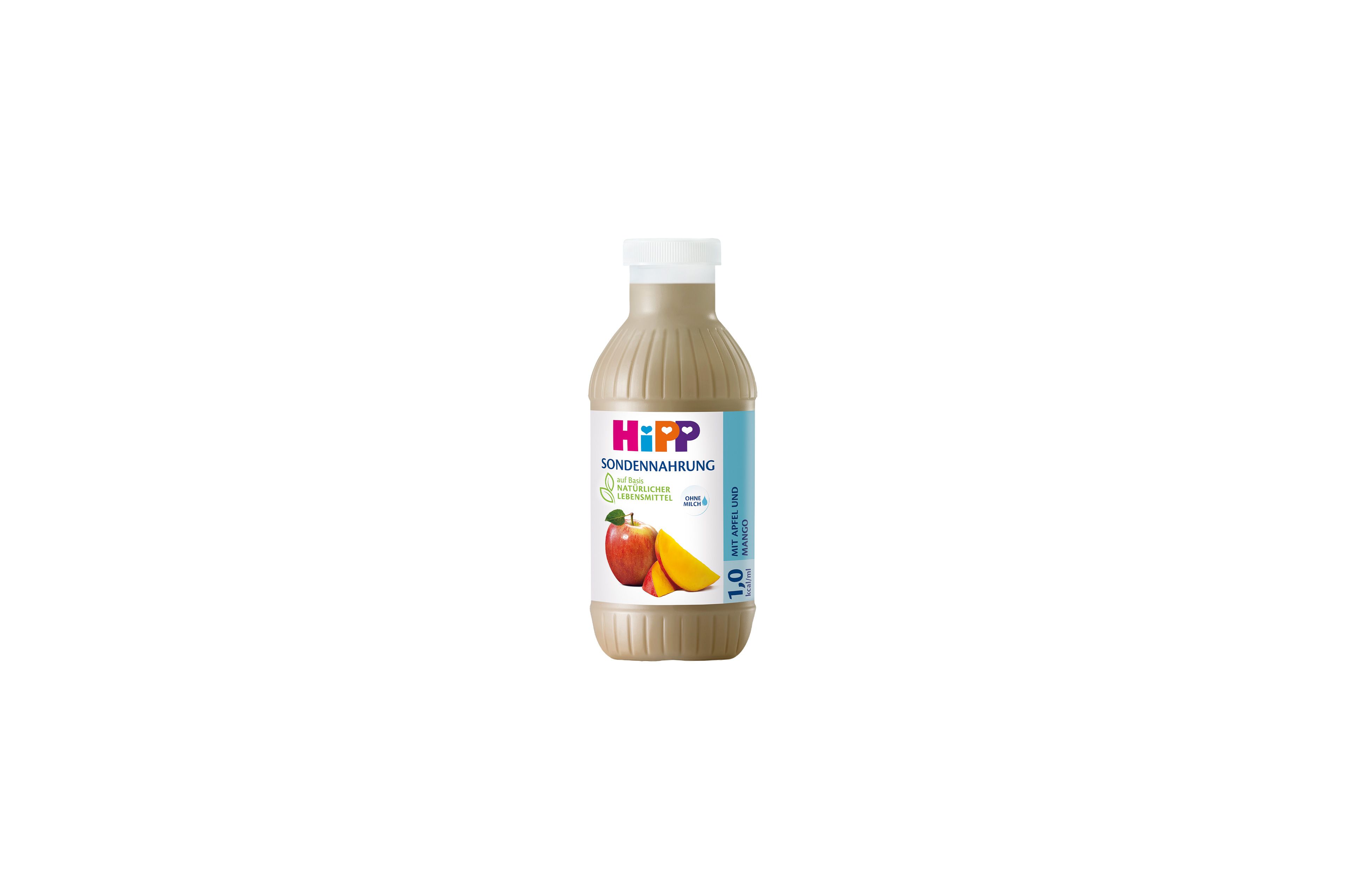 HiPP Sondennahrung 1,0 kcal/ml in 500-ml-Flasche mit Apfel-Mango-Geschmack auf weißem Hintergrund