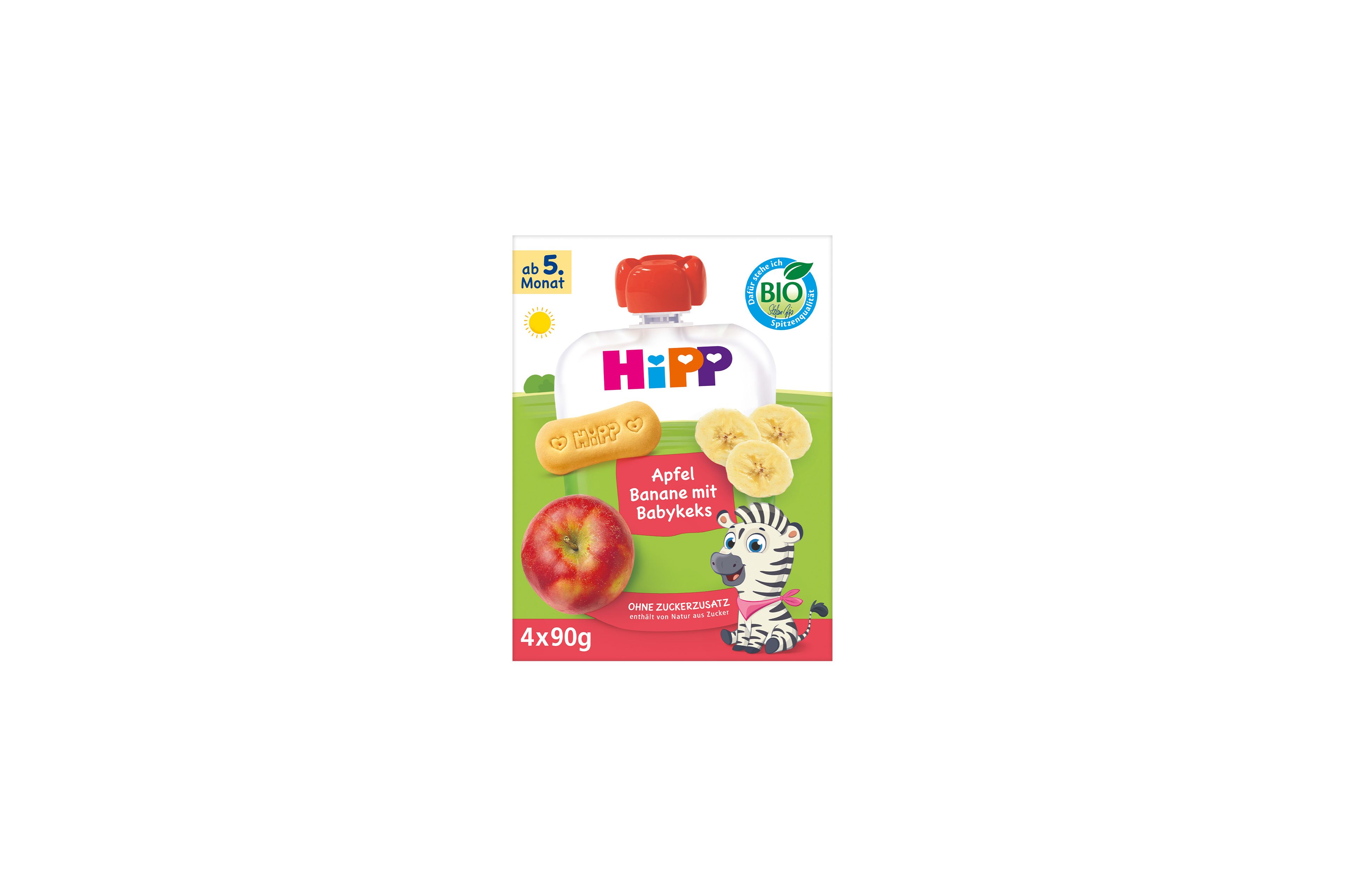HiPP Bio-Quetschbeutel Apfel Banane mit Babykeks, 4x90g, ab 5. Monat, mit Apfel, Bananenscheiben und Zebra-Motiv auf der Packung