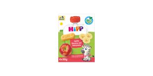 HiPP Bio-Quetschbeutel Apfel Banane mit Babykeks, 4x90g, ab 5. Monat, mit Apfel, Bananenscheiben und Zebra-Motiv auf der Packung