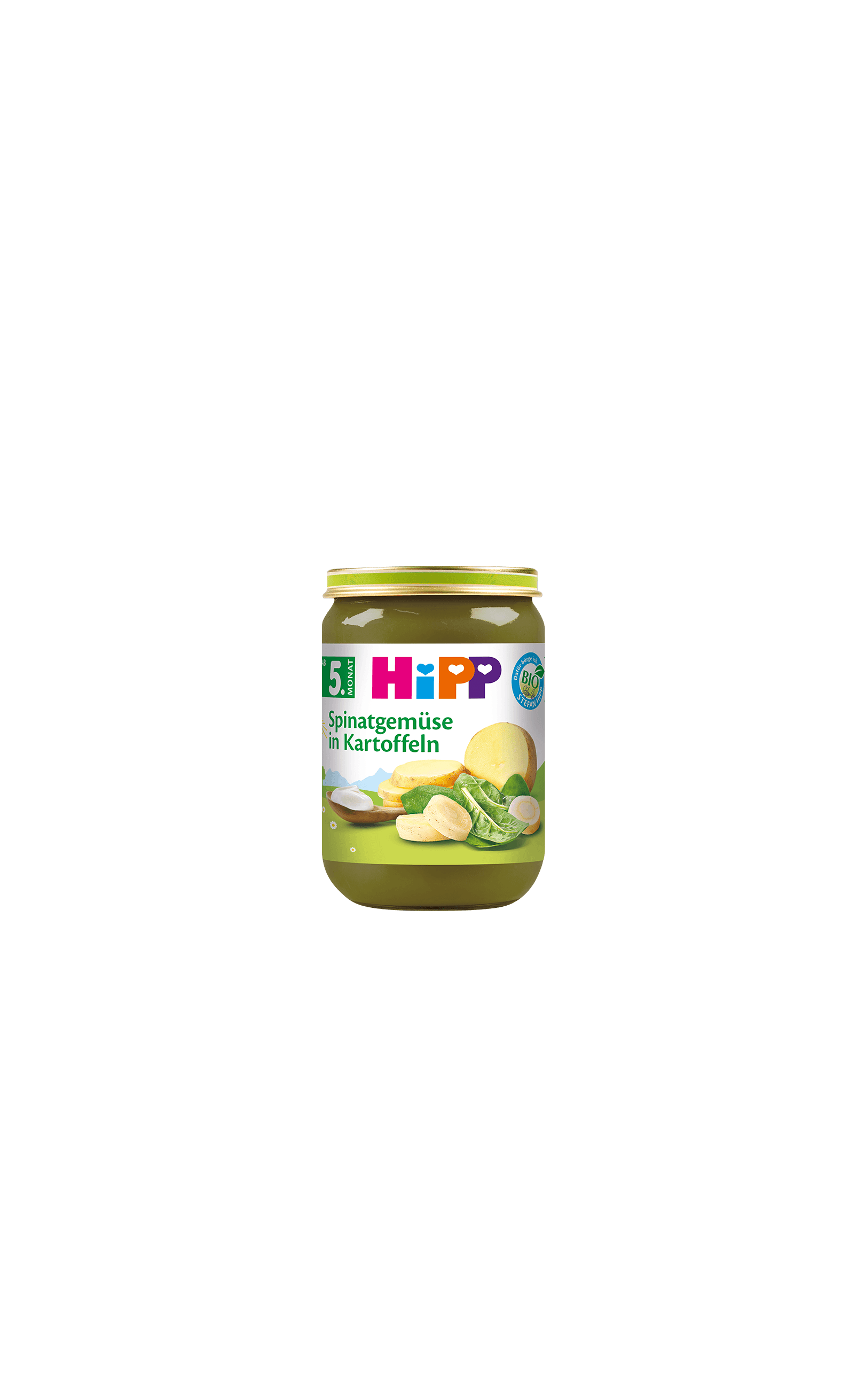 HiPP Bio-Gläschen „Spinatgemüse in Kartoffeln“ ab dem 5. Monat, grüner Brei im Glas mit Spinat- und Kartoffelabbildung
