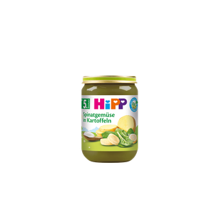 HiPP Bio-Gläschen „Spinatgemüse in Kartoffeln“ ab dem 5. Monat, grüner Brei im Glas mit Spinat- und Kartoffelabbildung
