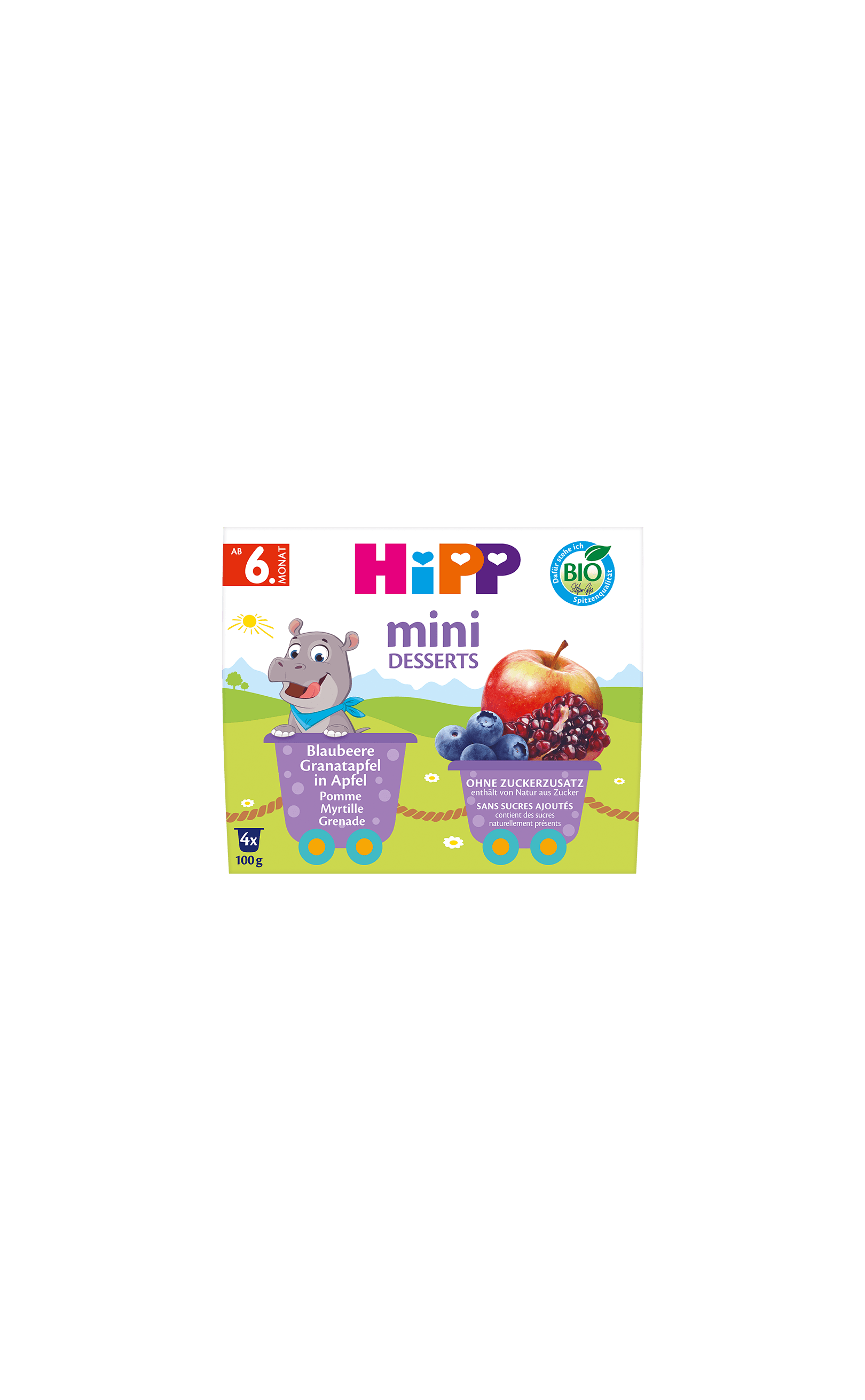 HiPP Mini Desserts Blaubeere Granatapfel in Apfel, Bio-Beikost ab 6. Monat ohne Zuckerzusatz, 4x100g Packung