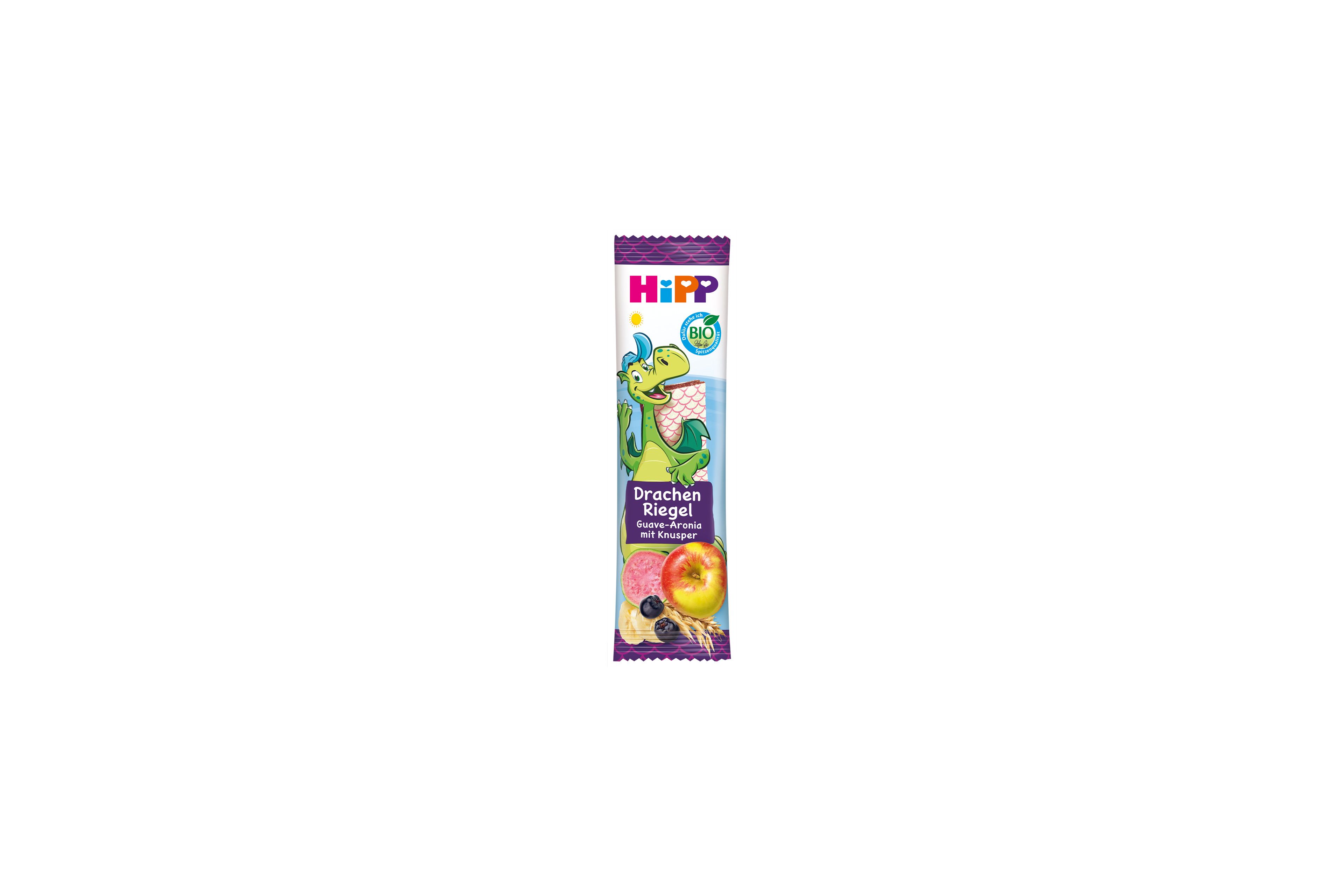 HiPP Drachen Riegel Guave-Aronia mit Knusper in bunter Kinderverpackung mit Drachenmotiv und Früchten auf weißem Hintergrund