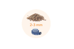 Ein Stapel Linsen neben einem blauen Maßband, über dem der Text "GröSe 2-3 mm" steht.