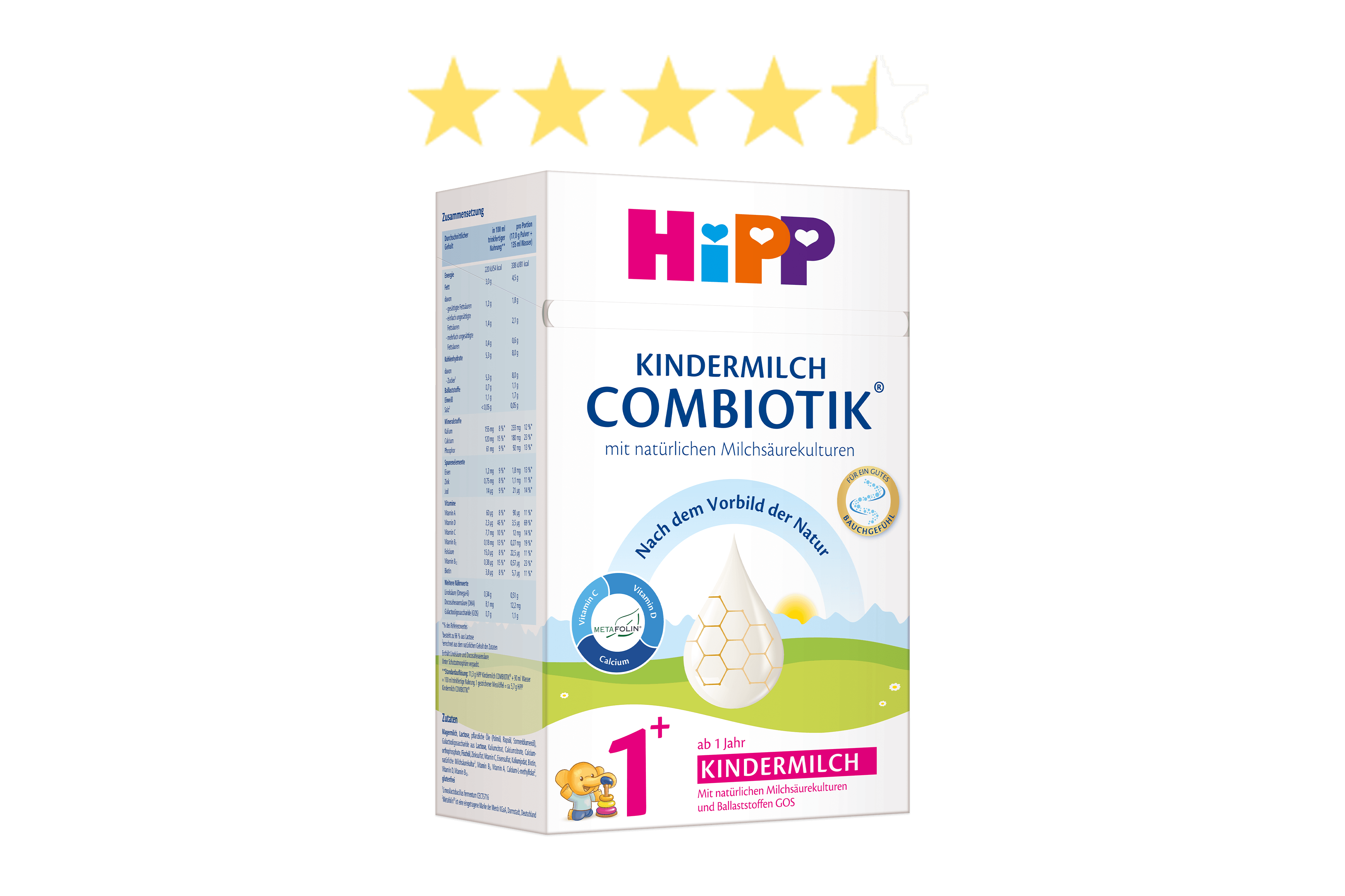 Packung Hipp Kindermilch Combiotik mit 4,5 goldenen Sternen über der Packung
