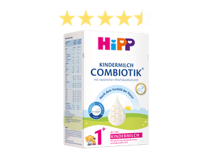 Packung Hipp Kindermilch Combiotik mit 4,5 goldenen Sternen über der Packung