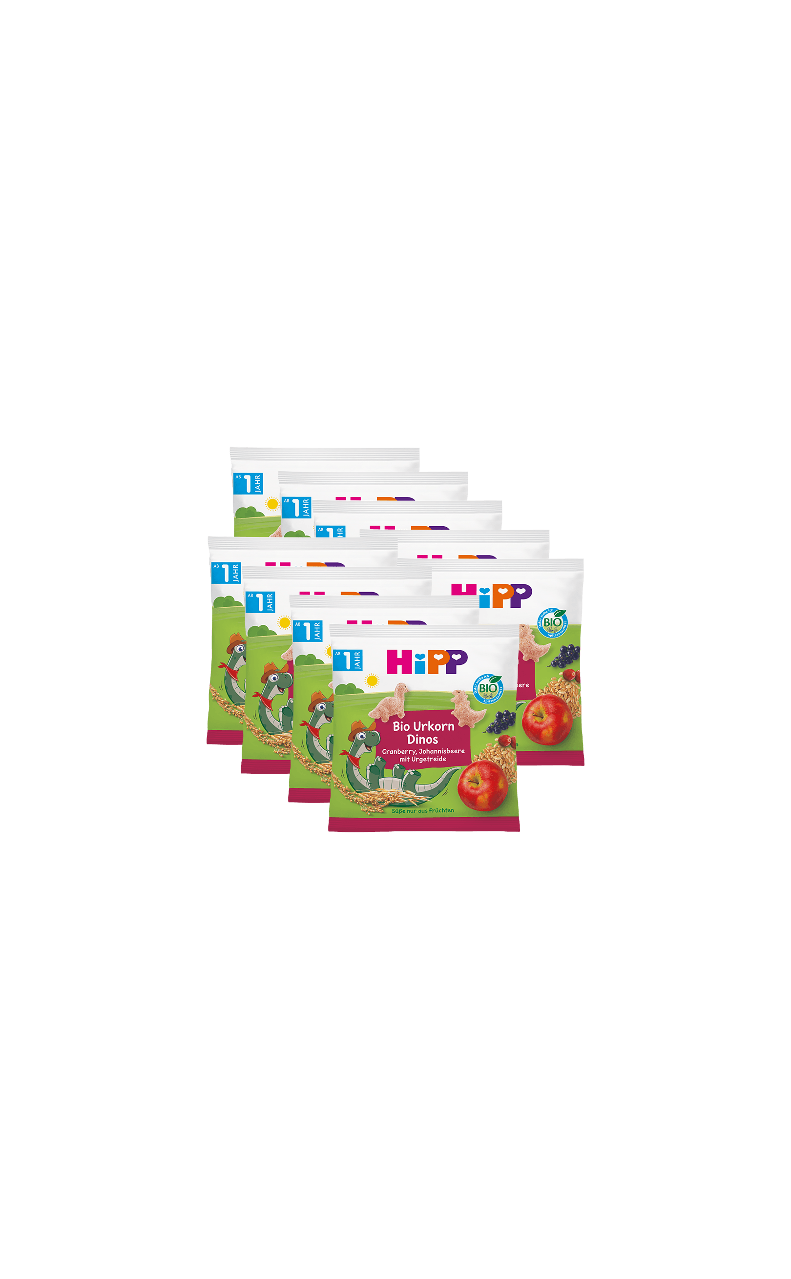 9er-Pack HiPP Bio Urkorn Dinos Knabbersnack für Kleinkinder, Cranberry-Johannisbeere mit Urgetreide