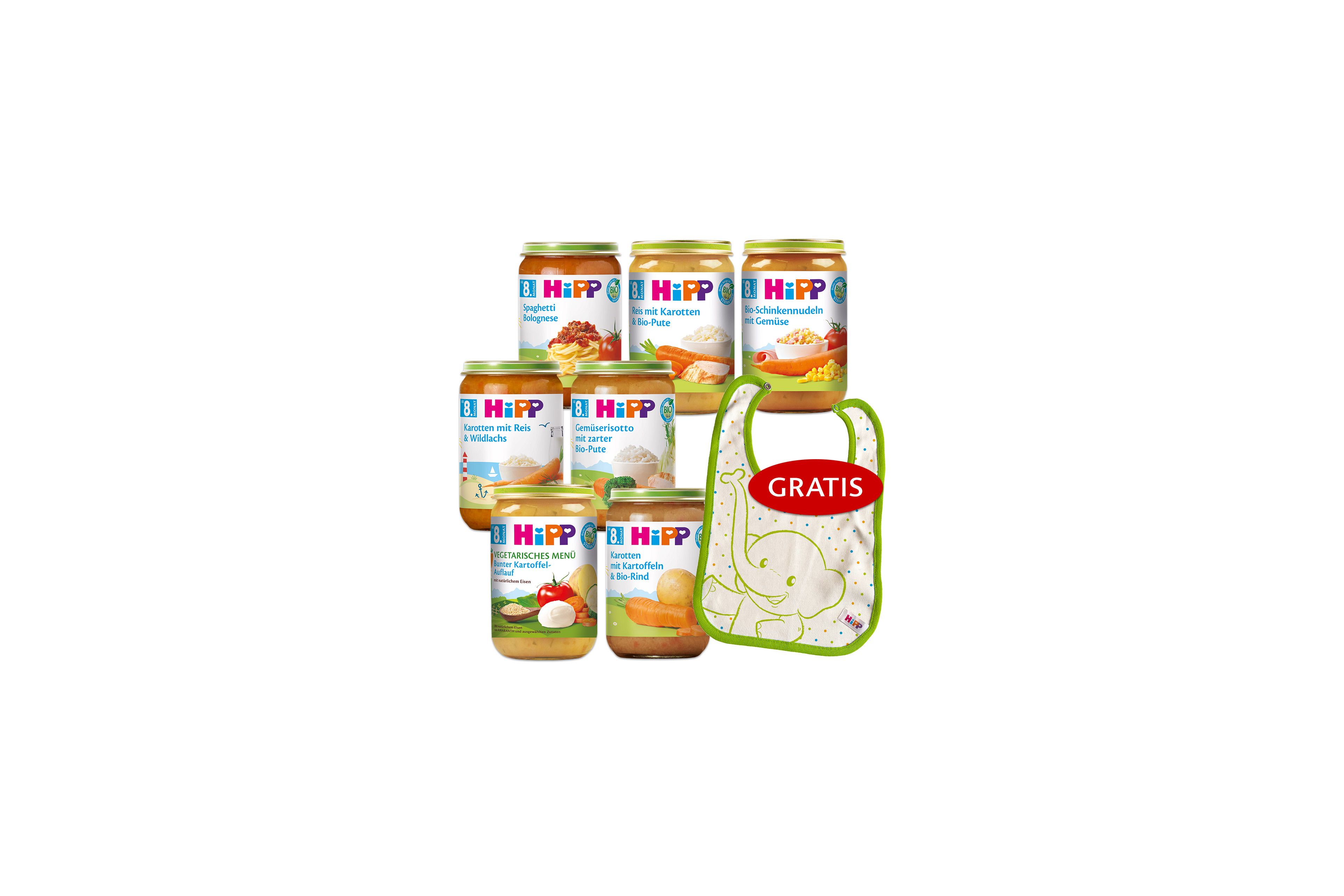 HiPP Beikost Wochenpaket Menüs ab dem 8. Monat mit mehreren Bio-Gläschen und gratis Lätzchen