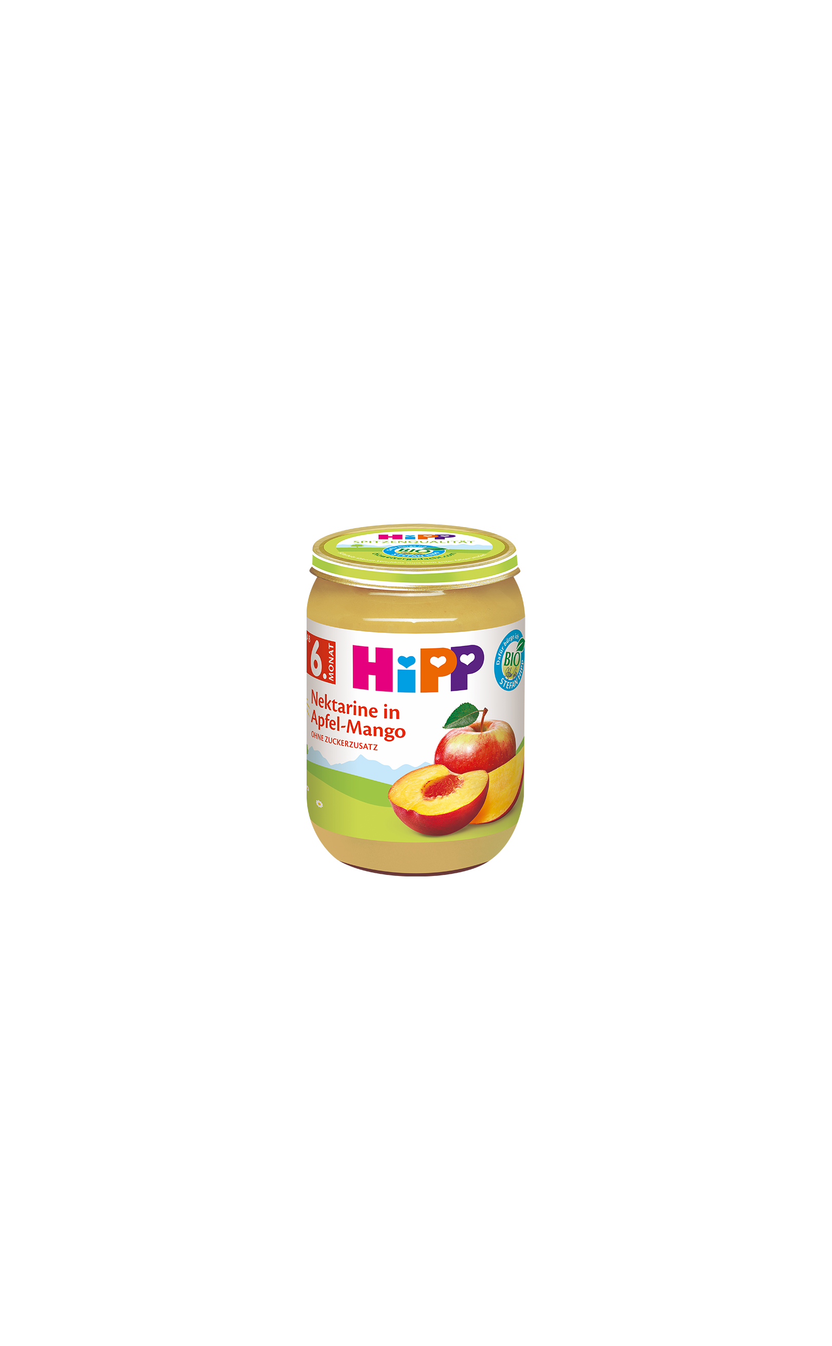 HiPP Bio Babygläschen Nektarine in Apfel-Mango ab 6. Monat, Fruchtpüree im Glas vor weißem Hintergrund