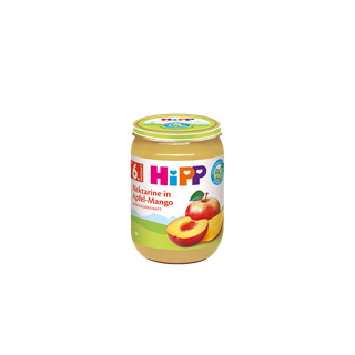 HiPP Bio Babygläschen Nektarine in Apfel-Mango ab 6. Monat, Fruchtpüree im Glas vor weißem Hintergrund