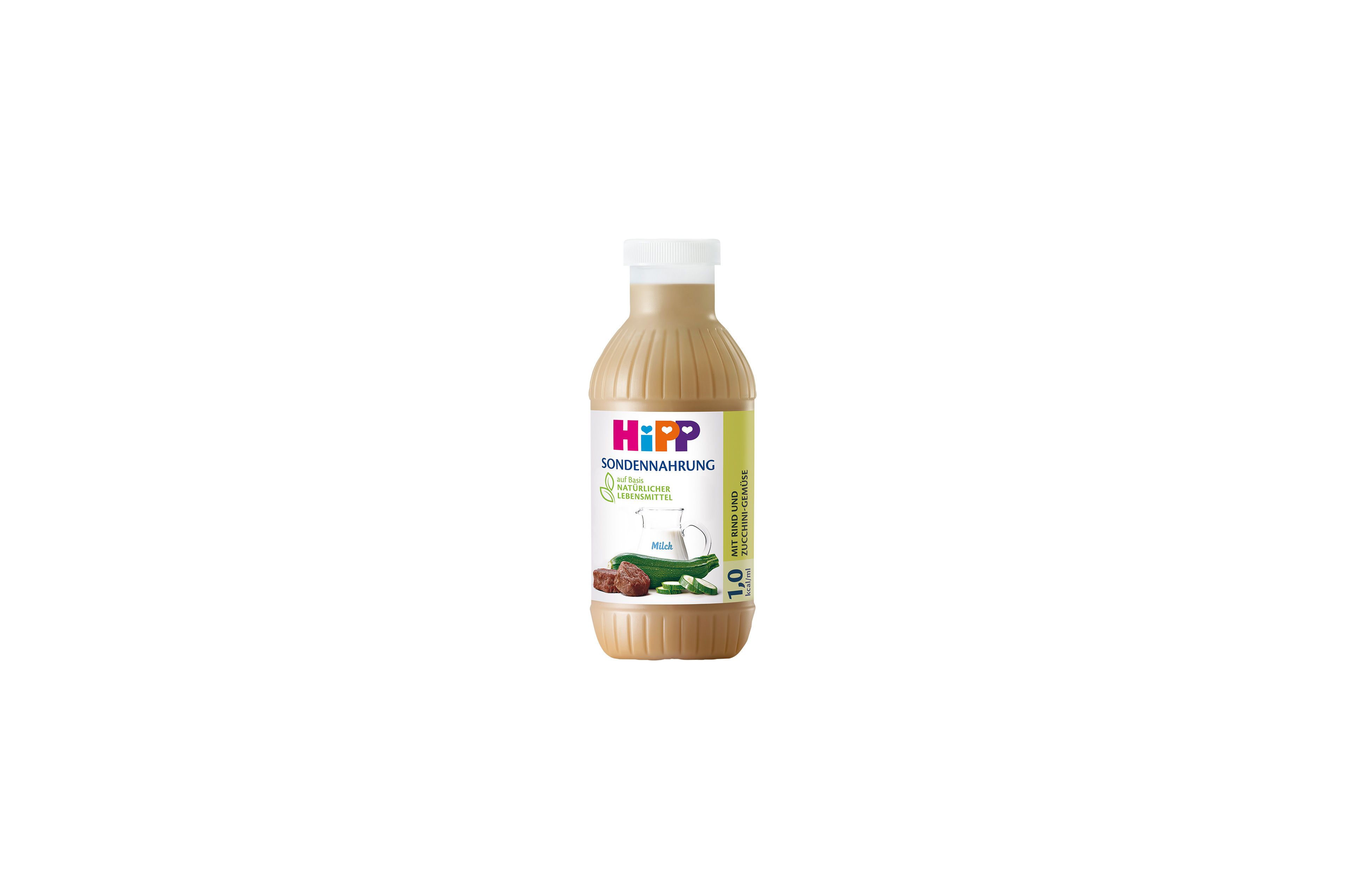 HiPP Sondennahrung 1,0 kcal/ml mit Rind und Zucchini-Gemüse in 500-ml-Flasche auf weißem Hintergrund