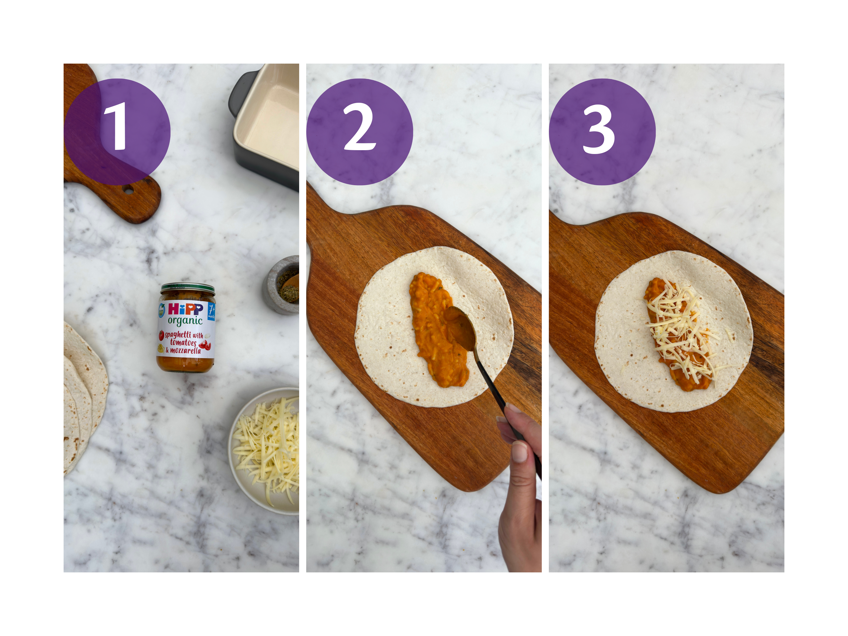 Step-by-step making veggie enchilada rolls with HiPP Organic spaghetti jar, wraps and cheese on a wooden board.