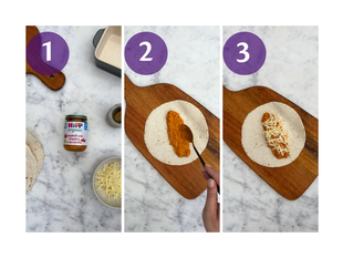 Step-by-step making veggie enchilada rolls with HiPP Organic spaghetti jar, wraps and cheese on a wooden board.