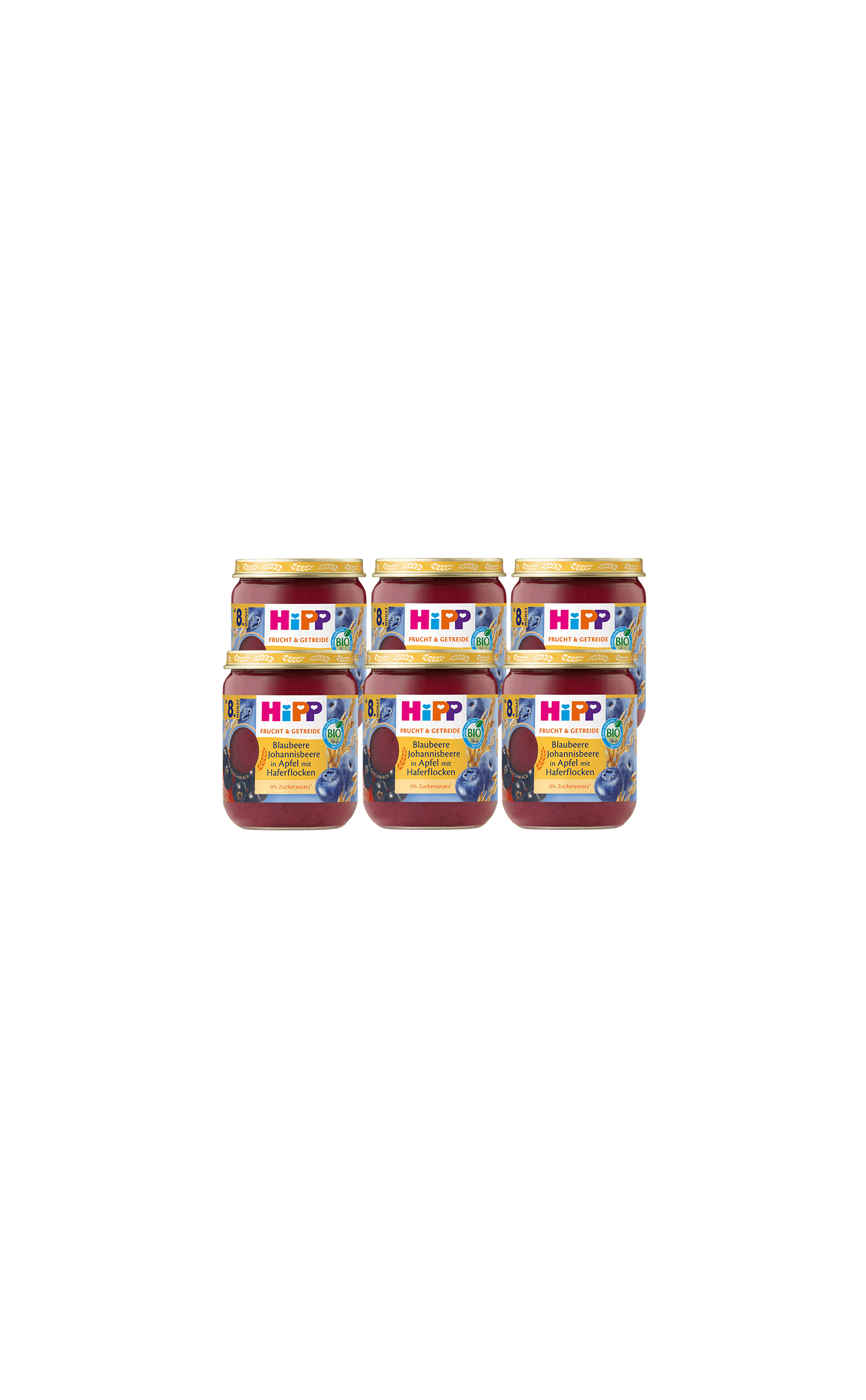 6er-Pack HiPP Bio Babygläschen Blaubeere, Johannisbeere & Apfel mit Haferflocken, Frucht & Getreide ab 8 Monaten