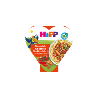 HiPP Herzchen-Schale Eiernudeln mit zartem Bio-Rindfleisch und Paprika-Gemüse, bebildert mit bunter Tierfigur und Gemüsemotiven
