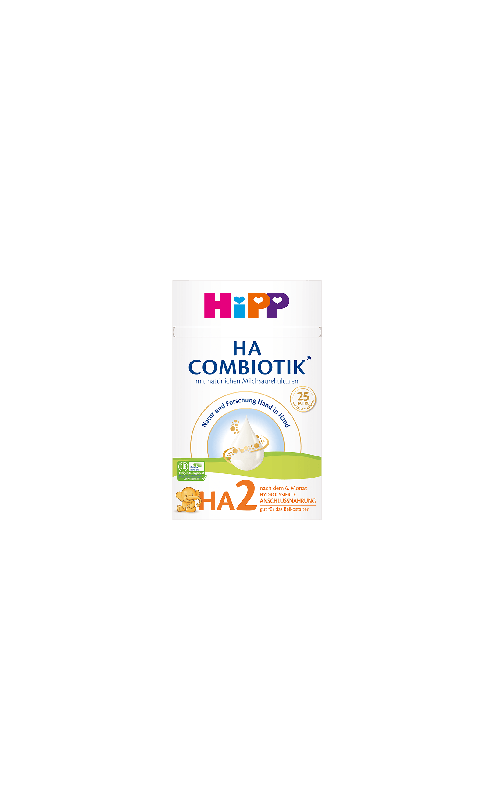 HiPP HA COMBIOTIK HA2 Folgemilch 1x600g Packung mit Bärchenmotiv für Babys nach dem 6. Monat auf schwarzem Hintergrund